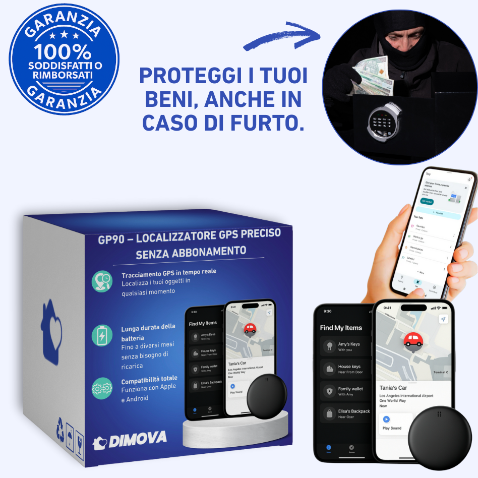 GP90 – Localizzatore GPS preciso senza abbonamento (Android/Apple)